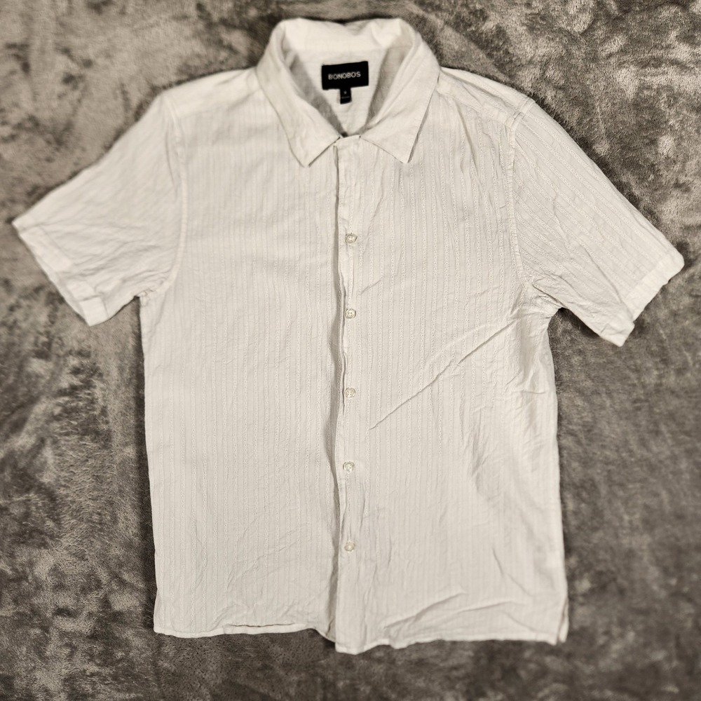 Bonobos Shirt Mens Medium BSH11773N White Dobby Stripe Short Sleeve Button EUC